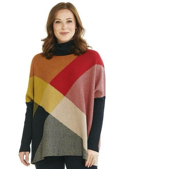 JOSEPH A. Colorblock Turtleneck Poncho Sweater Women M Multicolor - Picture 1 of 10